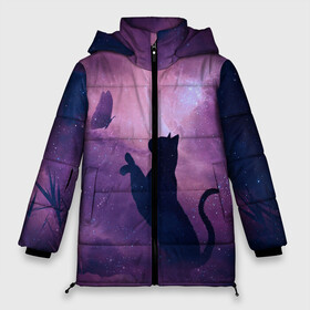 Женская зимняя куртка 3D с принтом Бабочка кот силуэт фиолетовый в Санкт-Петербурге, верх — 100% полиэстер; подкладка — 100% полиэстер; утеплитель — 100% полиэстер | длина ниже бедра, силуэт Оверсайз. Есть воротник-стойка, отстегивающийся капюшон и ветрозащитная планка. 

Боковые карманы с листочкой на кнопках и внутренний карман на молнии | арт | бабочка | графика | дым | звезды | космос | кот | молния | образ | персонаж | рисунок | силуэт | сиреневый | туман | фантастика | фиолетовый | фэнтези | черная кошка | чернильный