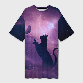 Платье-футболка 3D с принтом Бабочка кот силуэт фиолетовый в Санкт-Петербурге,  |  | арт | бабочка | графика | дым | звезды | космос | кот | молния | образ | персонаж | рисунок | силуэт | сиреневый | туман | фантастика | фиолетовый | фэнтези | черная кошка | чернильный