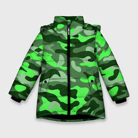 Зимняя куртка для девочек 3D с принтом CAMOUFLAGE GREEN в Санкт-Петербурге, ткань верха — 100% полиэстер; подклад — 100% полиэстер, утеплитель — 100% полиэстер. | длина ниже бедра, удлиненная спинка, воротник стойка и отстегивающийся капюшон. Есть боковые карманы с листочкой на кнопках, утяжки по низу изделия и внутренний карман на молнии. 

Предусмотрены светоотражающий принт на спинке, радужный светоотражающий элемент на пуллере молнии и на резинке для утяжки. | Тематика изображения на принте: camouflage | армия | военная форма | военный | вооружение | вооруженные силы | защита | защитный цвет | зеленый | камуфляж | маскировка | солдат | униформа | форма