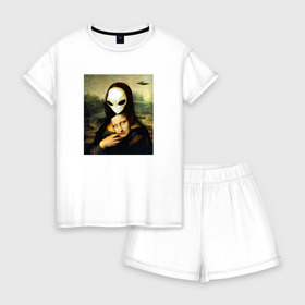 Женская пижама с шортиками хлопок с принтом Mona Lisa в Санкт-Петербурге, 100% хлопок | футболка прямого кроя, шорты свободные с широкой мягкой резинкой | alien | da | gioconda | la | leonardo | lisa | mona | renaissance | smile | ufo | vinci | винчи | да | джоконда | инопланетянин | леонардо | лиза | мона | нло | ренессанс | улыбка