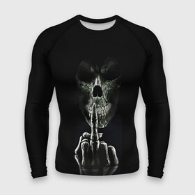 Мужской рашгард 3D с принтом Finger в Санкт-Петербурге,  |  | black | bones | finger | gesture | jaw | orbits | skull | teeth | глазницы | жест | зубы | кости | палец | пасть | череп | черный