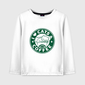 Детский лонгслив хлопок с принтом Люблю котов и кофе в Санкт-Петербурге, 100% хлопок | круглый вырез горловины, полуприлегающий силуэт, длина до линии бедер | animal | cat | cute | kitty | love | meow | друг | животные | киска | китти | кот | котенок | котик | кофе | кошечка | кошка | лев | леопард | милый | мур | мяу | пантера | питомец | рысь | тигр | улыбка