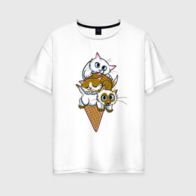 Женская футболка хлопок Oversize с принтом Ice Cream Cats в Санкт-Петербурге, 100% хлопок | свободный крой, круглый ворот, спущенный рукав, длина до линии бедер
 | animal | cat | cute | kitty | meow | друг | еда | животные | киска | китти | кот | котенок | котик | кошечка | кошка | лев | леопард | милый | мороженое | мур | мяу | пантера | питомец | рысь | тигр | улыбка