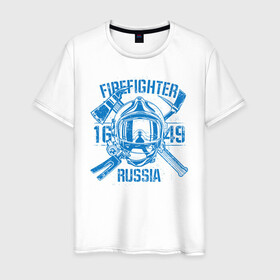 Мужская футболка хлопок с принтом FIREFIGHTER RUSSIA в Санкт-Петербурге, 100% хлопок | прямой крой, круглый вырез горловины, длина до линии бедер, слегка спущенное плечо. | Тематика изображения на принте: 112 | 23 февраля | 27 декабря | firefighter | герб | гкчс | знак | лого | логотип | министерство | мчс | мчс россии | мчсник | по чрезв | пожарная охрана | пожарник | пожарный | пч | россии | рф | символ | ситуации