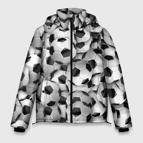 Мужская зимняя куртка 3D с принтом футбольные мячи много в Санкт-Петербурге, верх — 100% полиэстер; подкладка — 100% полиэстер; утеплитель — 100% полиэстер | длина ниже бедра, свободный силуэт Оверсайз. Есть воротник-стойка, отстегивающийся капюшон и ветрозащитная планка. 

Боковые карманы с листочкой на кнопках и внутренний карман на молнии. | Тематика изображения на принте: 3д | любитель футбола | мячи | мячики | спортсмен | фанат | фигуры | футбол | футболист | футбольный мяч