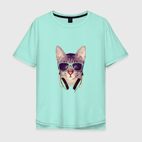 Мужская футболка хлопок Oversize с принтом кот в очках и наушниках в Санкт-Петербурге, 100% хлопок | свободный крой, круглый ворот, “спинка” длиннее передней части | Тематика изображения на принте: кот | кошка | мода | модник | мятный | наушники | очки | реализм | салатный | фото | хипстер | черный