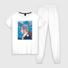 Женская пижама хлопок с принтом Хаяо Миядзаки в Санкт-Петербурге, 100% хлопок | брюки и футболка прямого кроя, без карманов, на брюках мягкая резинка на поясе и по низу штанин | hayao miyazaki | аниме | гибли | студия ghibli | хаяо миядзаки