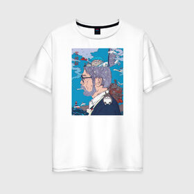 Женская футболка хлопок Oversize с принтом Хаяо Миядзаки в Санкт-Петербурге, 100% хлопок | свободный крой, круглый ворот, спущенный рукав, длина до линии бедер
 | hayao miyazaki | аниме | гибли | студия ghibli | хаяо миядзаки