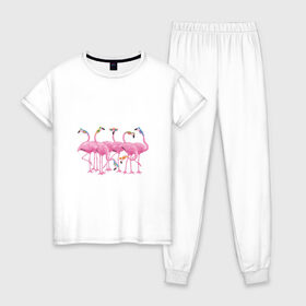 Женская пижама хлопок с принтом Фламинго в Санкт-Петербурге, 100% хлопок | брюки и футболка прямого кроя, без карманов, на брюках мягкая резинка на поясе и по низу штанин | арт | модные фламинго | птицы | фламинго | юмор