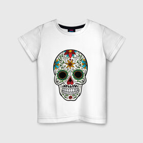 Детская футболка хлопок с принтом Весёлый череп в Санкт-Петербурге, 100% хлопок | круглый вырез горловины, полуприлегающий силуэт, длина до линии бедер | белый | день мёртвых | желтый | зеленый | красный | сердце | синий | цветы | череп | черный