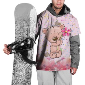 Накидка на куртку 3D с принтом Милый мишка с цветочком в Санкт-Петербурге, 100% полиэстер |  | Тематика изображения на принте: воробушек | воробьи | медведь | медвежонок | мишка | плюшевый мишка | подарок | птичка | цветок | цветочки