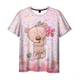 Мужская футболка 3D с принтом Милый мишка с цветочком в Санкт-Петербурге, 100% полиэфир | прямой крой, круглый вырез горловины, длина до линии бедер | Тематика изображения на принте: воробушек | воробьи | медведь | медвежонок | мишка | плюшевый мишка | подарок | птичка | цветок | цветочки