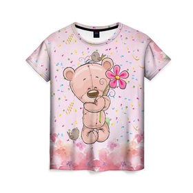 Женская футболка 3D с принтом Милый мишка с цветочком в Санкт-Петербурге, 100% полиэфир ( синтетическое хлопкоподобное полотно) | прямой крой, круглый вырез горловины, длина до линии бедер | воробушек | воробьи | медведь | медвежонок | мишка | плюшевый мишка | подарок | птичка | цветок | цветочки