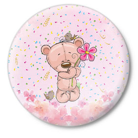 Значок с принтом Милый мишка с цветочком в Санкт-Петербурге,  металл | круглая форма, металлическая застежка в виде булавки | воробушек | воробьи | медведь | медвежонок | мишка | плюшевый мишка | подарок | птичка | цветок | цветочки