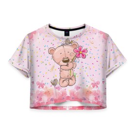 Женская футболка Crop-top 3D с принтом Милый мишка с цветочком в Санкт-Петербурге, 100% полиэстер | круглая горловина, длина футболки до линии талии, рукава с отворотами | воробушек | воробьи | медведь | медвежонок | мишка | плюшевый мишка | подарок | птичка | цветок | цветочки