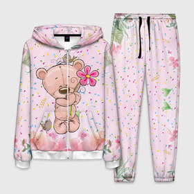 Мужской костюм 3D с принтом Милый мишка с цветочком в Санкт-Петербурге, 100% полиэстер | Манжеты и пояс оформлены тканевой резинкой, двухслойный капюшон со шнурком для регулировки, карманы спереди | воробушек | воробьи | медведь | медвежонок | мишка | плюшевый мишка | подарок | птичка | цветок | цветочки