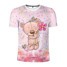 Мужская футболка 3D спортивная с принтом Милый мишка с цветочком в Санкт-Петербурге, 100% полиэстер с улучшенными характеристиками | приталенный силуэт, круглая горловина, широкие плечи, сужается к линии бедра | Тематика изображения на принте: воробушек | воробьи | медведь | медвежонок | мишка | плюшевый мишка | подарок | птичка | цветок | цветочки