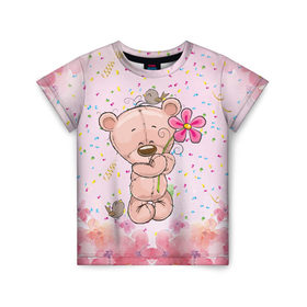 Детская футболка 3D с принтом Милый мишка с цветочком в Санкт-Петербурге, 100% гипоаллергенный полиэфир | прямой крой, круглый вырез горловины, длина до линии бедер, чуть спущенное плечо, ткань немного тянется | воробушек | воробьи | медведь | медвежонок | мишка | плюшевый мишка | подарок | птичка | цветок | цветочки