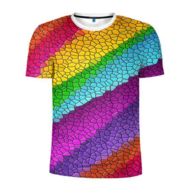 Мужская футболка 3D спортивная с принтом Яркая мозаика радуга диагональ в Санкт-Петербурге, 100% полиэстер с улучшенными характеристиками | приталенный силуэт, круглая горловина, широкие плечи, сужается к линии бедра | геометрия | диагональ | мозаика | полоски | радуга | текстура | фигуры | цвета | ячейки