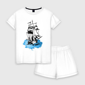 Женская пижама с шортиками хлопок с принтом Корабль в Санкт-Петербурге, 100% хлопок | футболка прямого кроя, шорты свободные с широкой мягкой резинкой | captain | fashion | ocean | sail | sailor | sea | ship | style | travel | water | yacht | вода | капитан | корабль | матрос | мода | море | океан | парус | путешествие | свобода | солнце | стиль | яхта