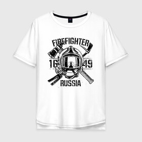 Мужская футболка хлопок Oversize с принтом FIREFIGHTER RUSSIA в Санкт-Петербурге, 100% хлопок | свободный крой, круглый ворот, “спинка” длиннее передней части | Тематика изображения на принте: 112 | 23 февраля | 27 декабря | firefighter | герб | гкчс | знак | лого | логотип | министерство | мчс | мчс россии | мчсник | по чрезв | пожарная охрана | пожарник | пожарный | пч | россии | рф | символ | ситуации
