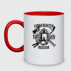 Кружка двухцветная с принтом FIREFIGHTER RUSSIA в Санкт-Петербурге, керамика | объем — 330 мл, диаметр — 80 мм. Цветная ручка и кайма сверху, в некоторых цветах — вся внутренняя часть | 112 | 23 февраля | 27 декабря | firefighter | герб | гкчс | знак | лого | логотип | министерство | мчс | мчс россии | мчсник | по чрезв | пожарная охрана | пожарник | пожарный | пч | россии | рф | символ | ситуации