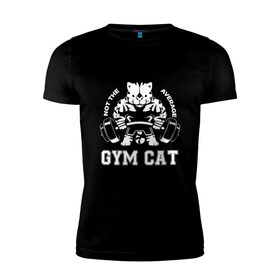 Мужская футболка хлопок Slim с принтом GYM Cat в Санкт-Петербурге, 92% хлопок, 8% лайкра | приталенный силуэт, круглый вырез ворота, длина до линии бедра, короткий рукав | animal | cat | cute | gym | kitty | meow | атлет | друг | животные | качок | киска | китти | кот | котенок | котик | кошечка | кошка | лев | леопард | милый | мур | мяу | надпись | пантера | питомец | рысь | сила | текст | тигр