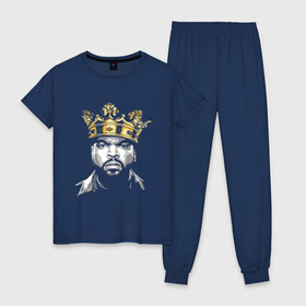 Женская пижама хлопок с принтом Ice Cube King в Санкт-Петербурге, 100% хлопок | брюки и футболка прямого кроя, без карманов, на брюках мягкая резинка на поясе и по низу штанин | Тематика изображения на принте: 2pac | black | compton | dog | dr dre | hip hop | ice cube | king | nwa | rap | snoop dogg | west coast | westside | айс кьюб | гангстер | голос улиц | король | микрофон | музыка | рифма | рэп | рэпер | хип хоп