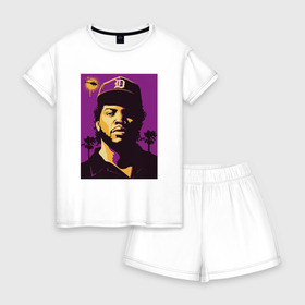 Женская пижама с шортиками хлопок с принтом Ice Cube в Санкт-Петербурге, 100% хлопок | футболка прямого кроя, шорты свободные с широкой мягкой резинкой | 2pac | black | compton | dog | dr dre | hip hop | ice cube | nwa | rap | snoop dogg | west coast | westside | айс кьюб | гангстер | голос улиц | микрофон | музыка | рифма | рэп | рэпер | хип хоп