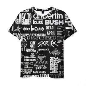 Мужская футболка 3D с принтом Рок группы в Санкт-Петербурге, 100% полиэфир | прямой крой, круглый вырез горловины, длина до линии бедер | английский | белый | иностранные надписи | музыка | название | рок | серый | черный | черный фон