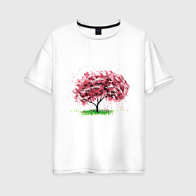 Женская футболка хлопок Oversize с принтом Сакура в Санкт-Петербурге, 100% хлопок | свободный крой, круглый ворот, спущенный рукав, длина до линии бедер
 | pink | sakura | tree | дерево | дерево сакуры | природа | розовое | сакура | цветущее дерево