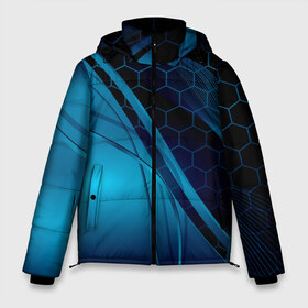 Мужская зимняя куртка 3D с принтом ABSTRACT BLUE в Санкт-Петербурге, верх — 100% полиэстер; подкладка — 100% полиэстер; утеплитель — 100% полиэстер | длина ниже бедра, свободный силуэт Оверсайз. Есть воротник-стойка, отстегивающийся капюшон и ветрозащитная планка. 

Боковые карманы с листочкой на кнопках и внутренний карман на молнии. | Тематика изображения на принте: abstraction | geometry | hexagon | neon | paints | stripes | texture | triangle | абстракция | брызги | геометрия | краски | неон | неоновый | соты | текстура