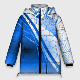 Женская зимняя куртка 3D с принтом ABSTRACT BLUE в Санкт-Петербурге, верх — 100% полиэстер; подкладка — 100% полиэстер; утеплитель — 100% полиэстер | длина ниже бедра, силуэт Оверсайз. Есть воротник-стойка, отстегивающийся капюшон и ветрозащитная планка. 

Боковые карманы с листочкой на кнопках и внутренний карман на молнии | abstraction | geometry | hexagon | neon | paints | stripes | texture | triangle | абстракция | брызги | геометрия | краски | неон | неоновый | соты | текстура