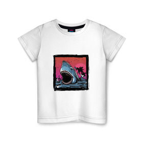 Детская футболка хлопок с принтом White Shark в Санкт-Петербурге, 100% хлопок | круглый вырез горловины, полуприлегающий силуэт, длина до линии бедер | белая акула | животные | зубы | лето | море | опасный | пальмы | пляж | природа | ретро | рыба | хищник | челюсть | чудовище