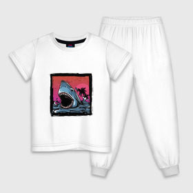 Детская пижама хлопок с принтом White Shark в Санкт-Петербурге, 100% хлопок |  брюки и футболка прямого кроя, без карманов, на брюках мягкая резинка на поясе и по низу штанин
 | белая акула | животные | зубы | лето | море | опасный | пальмы | пляж | природа | ретро | рыба | хищник | челюсть | чудовище