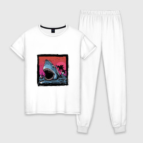 Женская пижама хлопок с принтом White Shark в Санкт-Петербурге, 100% хлопок | брюки и футболка прямого кроя, без карманов, на брюках мягкая резинка на поясе и по низу штанин | белая акула | животные | зубы | лето | море | опасный | пальмы | пляж | природа | ретро | рыба | хищник | челюсть | чудовище