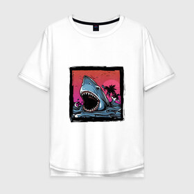 Мужская футболка хлопок Oversize с принтом White Shark в Санкт-Петербурге, 100% хлопок | свободный крой, круглый ворот, “спинка” длиннее передней части | Тематика изображения на принте: белая акула | животные | зубы | лето | море | опасный | пальмы | пляж | природа | ретро | рыба | хищник | челюсть | чудовище