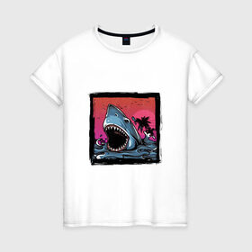 Женская футболка хлопок с принтом White Shark в Санкт-Петербурге, 100% хлопок | прямой крой, круглый вырез горловины, длина до линии бедер, слегка спущенное плечо | белая акула | животные | зубы | лето | море | опасный | пальмы | пляж | природа | ретро | рыба | хищник | челюсть | чудовище