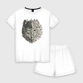 Женская пижама с шортиками хлопок с принтом Geometric Wolf в Санкт-Петербурге, 100% хлопок | футболка прямого кроя, шорты свободные с широкой мягкой резинкой | Тематика изображения на принте: volf | волк