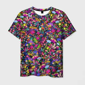 Мужская футболка 3D с принтом Мистические цветы в Санкт-Петербурге, 100% полиэфир | прямой крой, круглый вырез горловины, длина до линии бедер | букет | клумба | листья | луг | паттерн | психоделика | растения | узор | цветок | цветочки | цветы
