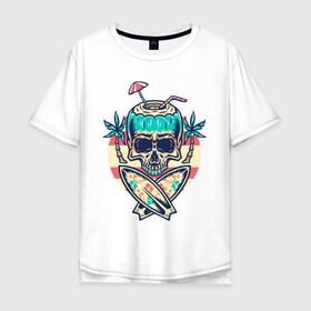 Мужская футболка хлопок Oversize с принтом Skull Summer в Санкт-Петербурге, 100% хлопок | свободный крой, круглый ворот, “спинка” длиннее передней части | art | cocktail | palm | skull | surfboards | umbrella | арт | доски для серфинга | зонтик | коктейль | пальмы | череп
