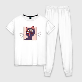 Женская пижама хлопок с принтом Luna Sailor Moon в Санкт-Петербурге, 100% хлопок | брюки и футболка прямого кроя, без карманов, на брюках мягкая резинка на поясе и по низу штанин | 90s | cat | cute | kawaii | kitty | luna | sailor moon | usagi tsukino | аниме | каваии | кавай | кот | котики | луна | манга | марс | меркурий | милота | сейлор | сейлор мун | усаги цукино