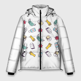Мужская зимняя куртка 3D с принтом Covid-19 в Санкт-Петербурге, верх — 100% полиэстер; подкладка — 100% полиэстер; утеплитель — 100% полиэстер | длина ниже бедра, свободный силуэт Оверсайз. Есть воротник-стойка, отстегивающийся капюшон и ветрозащитная планка. 

Боковые карманы с листочкой на кнопках и внутренний карман на молнии. | вирус | изоляция | коронавирус | предметы | самоизоляция