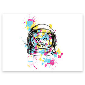 Поздравительная открытка с принтом Кот в скафандре в Санкт-Петербурге, 100% бумага | плотность бумаги 280 г/м2, матовая, на обратной стороне линовка и место для марки
 | арт | в космосе | животные | картинка | кляксы | космос | кот | кошка | принт | рисунок | скафандр | цветное