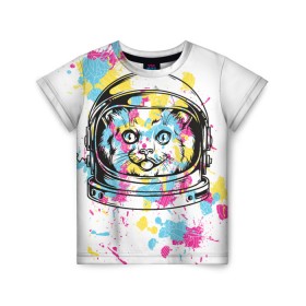 Детская футболка 3D с принтом Кот в скафандре в Санкт-Петербурге, 100% гипоаллергенный полиэфир | прямой крой, круглый вырез горловины, длина до линии бедер, чуть спущенное плечо, ткань немного тянется | арт | в космосе | животные | картинка | кляксы | космос | кот | кошка | принт | рисунок | скафандр | цветное