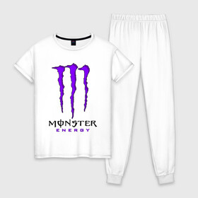 Женская пижама хлопок с принтом MONSTER ENERGY в Санкт-Петербурге, 100% хлопок | брюки и футболка прямого кроя, без карманов, на брюках мягкая резинка на поясе и по низу штанин | black monster | bmx | claw | cybersport | energy | monster | monster energy | moto | motocross | race | sport | киберспорт | когти | монстер энерджи | монстр | мото | мотокросс | ралли | скейтбординг | спорт | т | энергия