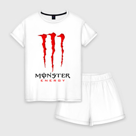 Женская пижама с шортиками хлопок с принтом MONSTER ENERGY в Санкт-Петербурге, 100% хлопок | футболка прямого кроя, шорты свободные с широкой мягкой резинкой | black monster | bmx | claw | cybersport | energy | monster | monster energy | moto | motocross | race | sport | киберспорт | когти | монстер энерджи | монстр | мото | мотокросс | ралли | скейтбординг | спорт | т | энергия