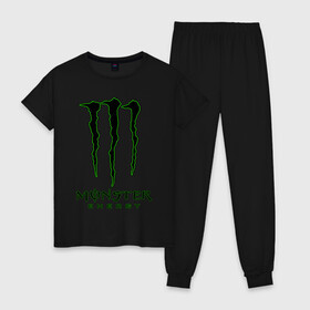 Женская пижама хлопок с принтом MONSTER ENERGY в Санкт-Петербурге, 100% хлопок | брюки и футболка прямого кроя, без карманов, на брюках мягкая резинка на поясе и по низу штанин | black monster | bmx | claw | cybersport | energy | monster | monster energy | moto | motocross | race | sport | киберспорт | когти | монстер энерджи | монстр | мото | мотокросс | ралли | скейтбординг | спорт | т | энергия