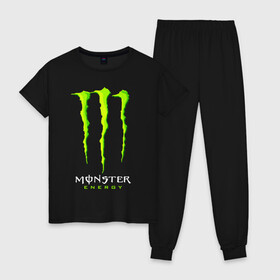 Женская пижама хлопок с принтом MONSTER ENERGY в Санкт-Петербурге, 100% хлопок | брюки и футболка прямого кроя, без карманов, на брюках мягкая резинка на поясе и по низу штанин | black monster | bmx | claw | cybersport | energy | monster | monster energy | moto | motocross | race | sport | киберспорт | когти | монстер энерджи | монстр | мото | мотокросс | ралли | скейтбординг | спорт | т | энергия