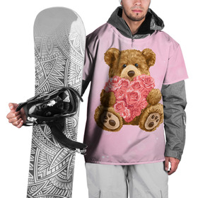 Накидка на куртку 3D с принтом Плюшевый медведь с сердечком в Санкт-Петербурге, 100% полиэстер |  | арт | животные | картинка | медвежонок | мишка | плюшевый медведь | рисунок | розовые цветы | розочки | розы | сердечко | сердце | сердце из роз | цветы